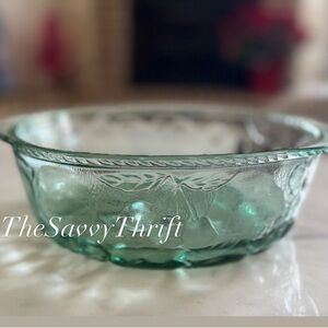 Vintage Libbey green glass casserole dish base - orchard fruit embossed pattern